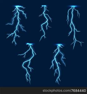 Lightning thunder bolt, thunderstorm electric flash effect on vector background. Thunderbolt light and storm sparks, realistic energy lighting in blue sky, voltage power charge and electricity strike. Lightning thunderbolt or thunderstorm flash light