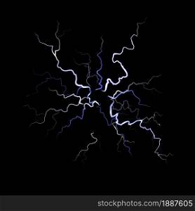 Lightning. Thunder flash electricity spark blow light, thunderstorm on black background. White glowing thunder light sparks in night, weather simple object. Vector isolated realistic illustration. Lightning. Thunder flash electricity spark blow light, thunderstorm on black background. White glowing thunder light sparks in night, weather object. Vector isolated realistic illustration
