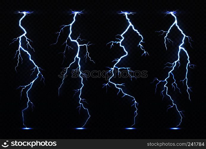 Lightning. Thunder storm electricity blue sky flash stormy realistic thunderstorm rainstorm climate. Lightnings vector set isolated. Lightning. Thunder storm electricity blue sky flash stormy realistic thunderstorm rainstorm climate. Lightnings vector