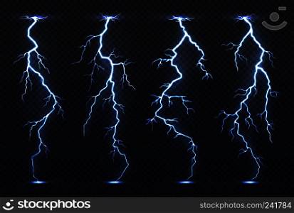 Lightning. Thunder storm electricity blue sky flash stormy realistic thunderstorm rainstorm climate. Lightnings vector set isolated. Lightning. Thunder storm electricity blue sky flash stormy realistic thunderstorm rainstorm climate. Lightnings vector