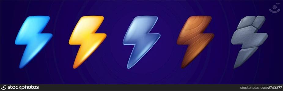 Lightning, thunderbolt sign. Game icons of energy, power, speed, storm with electric bolt symbol with silver, gold, wooden and stone texture, vector cartoon set. Lightning, thunderbolt game icons