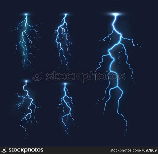 Lightning thunderbolts, thunderstorm bolt vector light effects. Rainstorm electric discharge, lightning strike or energy flash with bright, glowing blue light flares in night sky. Thunderbolt, storm lightning strike or discharge