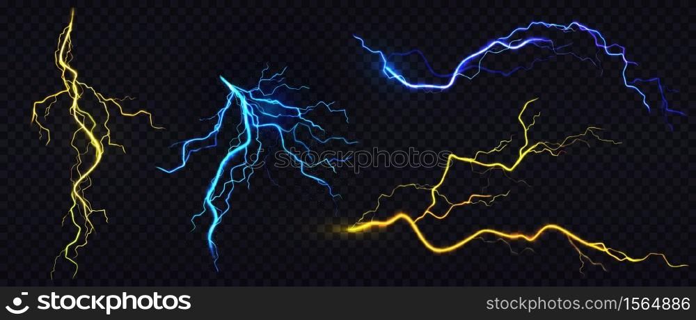 Lightnings, thunderbolt strikes during storm at night. Vector realistic set of blue and yellow electric impact, sparking discharge of thunderstorm isolated on dark transparent background. Vector realistic blue and yellow lightning bolts
