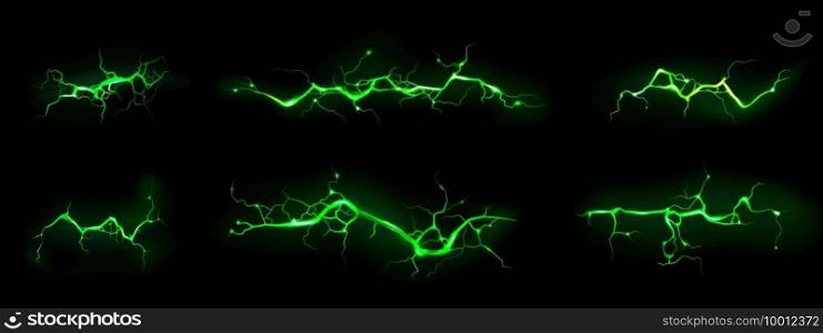 Lightnings, thunderbolt strikes isolated on black background. Vector realistic set of horizontal ground cracks with magic green glow. Electric impact, sparking discharge of thunderstorm at night. Lightnings, green thunderbolt strikes