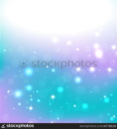 Lights On Blue Background - Vector Illustration, Graphic Design Useful For Your Design. Bright Blue Abstract Christmas Background With White Snowflakes. Bokeh Effect.