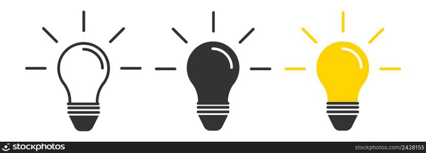 Ligth bulb icon. White, black, yellow lamp illustration symbol. Sign equipment brigth vector.
