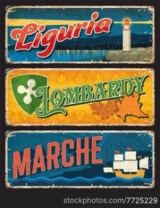 Liguria, Lombardy, Marche Italian regions vintage plates and stickers. Italy travel destination vector plaques, aged banners with map, grape and shield, sea beacon, sailing ship. Grunge signboards set. Liguria, Lombardy, Marche Italian regions plates