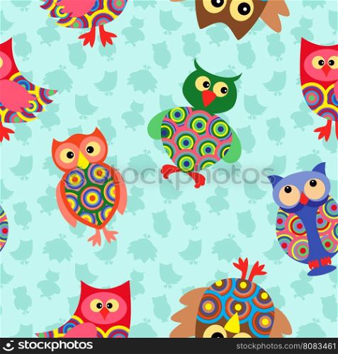 Likable colourful stripy owls on the background with many stylized simple owls, seamless vector pattern