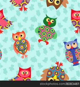 Likable colourful stripy owls on the background with many stylized simple owls, seamless vector pattern