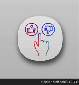 Like and dislike buttons click app icon. UI/UX user interface. Thumbs up and down. Hand pushing button. Web or mobile application. Vector isolated illustration. Like and dislike buttons click app icon