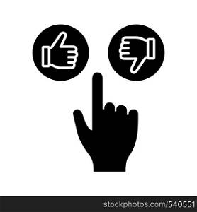 Like and dislike buttons click glyph icon. Silhouette symbol. Thumbs up and down. Hand pushing button. Negative space. Vector isolated illustration. Like and dislike buttons click glyph icon
