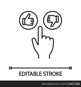 Like and dislike buttons click linear icon. Thumbs up and down. Thin line illustration. Hand pushing button. Contour symbol. Vector isolated outline drawing. Editable stroke. Like and dislike buttons click linear icon