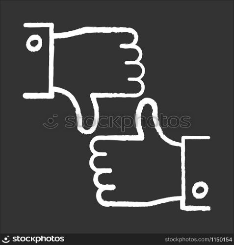 Like and dislike chalk icon. Feedback option. Info evaluation. Data online assessment. Hand up, down sign. Negative, positive experience. Bad, good option. Isolated vector chalkboard illustration