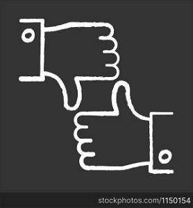 Like and dislike chalk icon. Feedback option. Info evaluation. Data online assessment. Hand up, down sign. Negative, positive experience. Bad, good option. Isolated vector chalkboard illustration