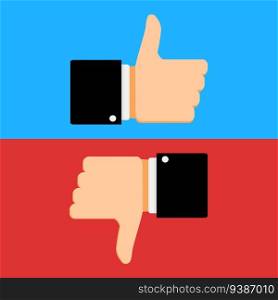 Like and dislike gesture hand. Vector good web, social sign illustration, icon finger thumb up. Like and dislike gesture hand