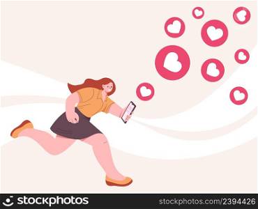 Like and feedback. Person hold smartphone and running to share likes with friends. Social media addiction, influence or virtual love kicky vector character. Illustration of smartphone online with like. Like and feedback. Person hold smartphone and running to share likes with friends. Social media addiction, influence or virtual love kicky vector character
