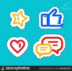 Like and thumb up stickers, set of isolated patches vector. Chatting boxes and heart, star as important item. Social network website icons and parts. Like and Thumb Up Stickers Set Isolated Vector
