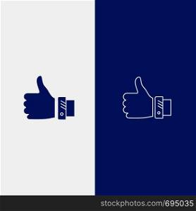 Like, Business, Finger, Hand, Solution, Thumbs Line and Glyph Solid icon Blue banner Line and Glyph Solid icon Blue banner
