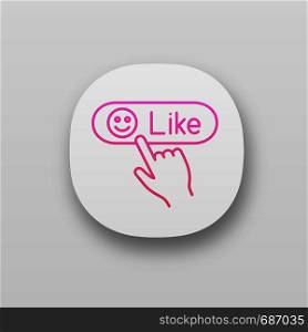 Like button click app icon. Positive comment. Hand pressing button. UI/UX user interface. Web or mobile application. Vector isolated illustration. Like button click app icons set