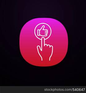 Like button click app icon. Thumbs up. Hand pushing button. UI/UX user interface. Web or mobile applications. Vector isolated illustration. Like button click app icon