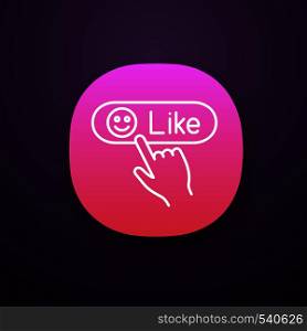 Like button click app icon. UI/UX user interface. Positive comment. Hand pressing button. Web or mobile applications. Vector isolated illustration. Like button click app icon