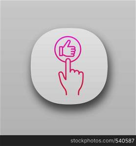 Like button click app icon. UI/UX user interface. Thumbs up. Hand pushing button. Web or mobile application. Vector isolated illustration. Like button click app icon