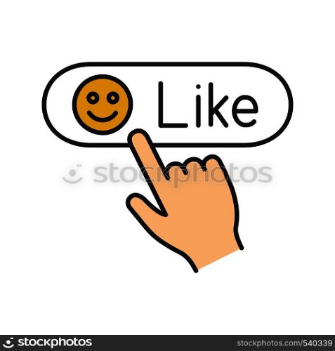 Like button click color icon. Positive comment. Hand pressing button. Isolated vector illustration. Like button click color icon