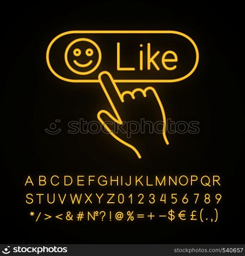 Like button click neon light icon. Glowing sign with alphabet, numbers and symbols. Positive comment. Hand pressing button. Vector isolated illustration. Like button click neon light icon