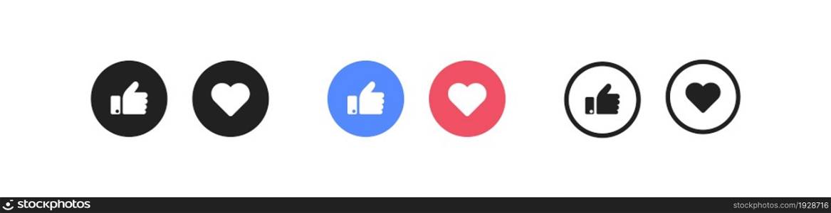 Like button icon. Heart abd hand up, social media symbol set. Love concept, finger up in vector flat style.