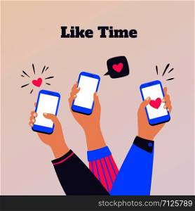 Like concept. Cartoon people hands holding smartphones, social media engage. Vector friends communication and customers feedback, illustration marketing brands clothes on markets. Like concept. Cartoon people hands holding smartphones, social media engage. Vector friends communication and customers feedback
