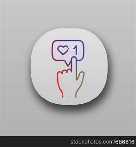 Like counter button app icon. Social media activity notification. New like. Followers. UI/UX user interface. Web or mobile application. Vector isolated illustration. Like counter button app icons set