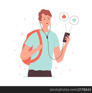 Like dislike concept. Man holding smartphone and thinking. Boy listen music online or podcast, choose action in social media vector concept. Illustration like and dislike, web thumb up in social. Like dislike concept. Man holding smartphone and thinking. Boy listen music online or podcast, choose action in social media vector concept