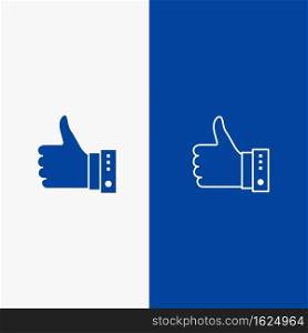 Like, Finger, Gesture, Hand, Thumbs, Up, Yes Line and Glyph Solid icon Blue banner Line and Glyph Solid icon Blue banner