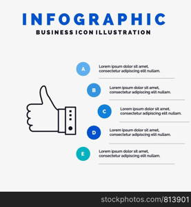 Like, Finger, Gesture, Hand, Thumbs, Up, Yes Line icon with 5 steps presentation infographics Background