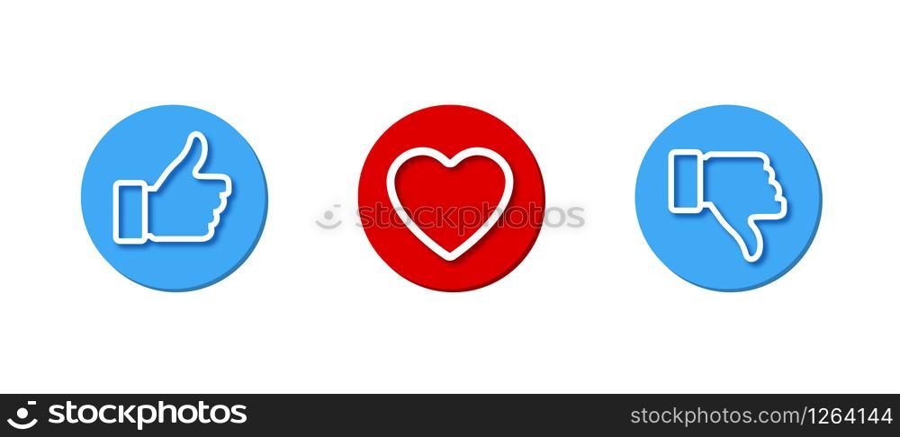 Like, Heart and Dislike vector set icons. Like, dislike and heart button, isolated on white background. Thumb up and thumb down icons. Vector illustration.