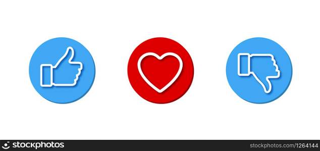 Like, Heart and Dislike vector set icons. Like, dislike and heart button, isolated on white background. Thumb up and thumb down icons. Vector illustration.