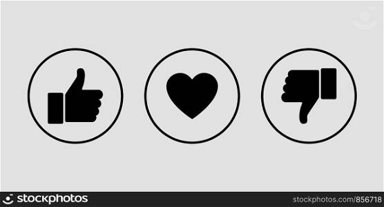 Like icons. Thumb up and down with heart, vector icons