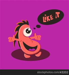 like it text speech bubble with funny dancing character monster. humor kids vector illustration.