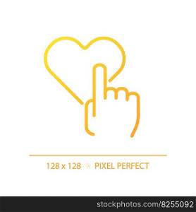 Like pixel perfect gradient linear vector icon. Hand with heart. Reaction on social media post. Positive service rating. Thin line color symbol. Modern style pictogram. Vector isolated outline drawing. Like pixel perfect gradient linear vector icon