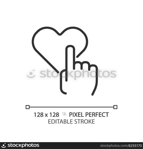 Like pixel perfect linear icon. Hand with heart. Reaction on social media post. Positive rating of service. Thin line illustration. Contour symbol. Vector outline drawing. Editable stroke. Like pixel perfect linear icon