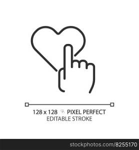Like pixel perfect linear icon. Hand with heart. Reaction on social media post. Positive rating of service. Thin line illustration. Contour symbol. Vector outline drawing. Editable stroke. Like pixel perfect linear icon