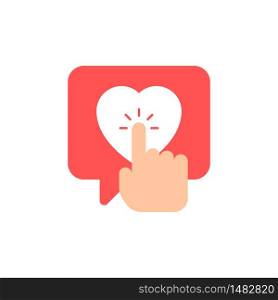 Like push button click finger on heart shape icon, vector isolated red illustration