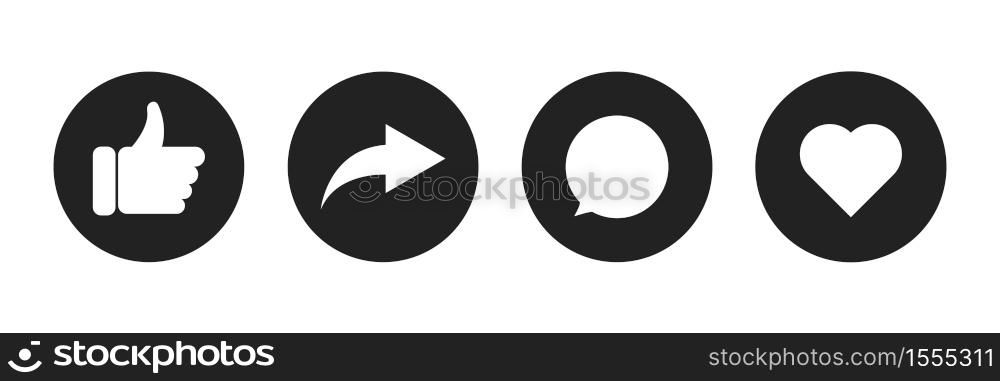 Like, share, comment and heart social media button. Vector isolated symbol.