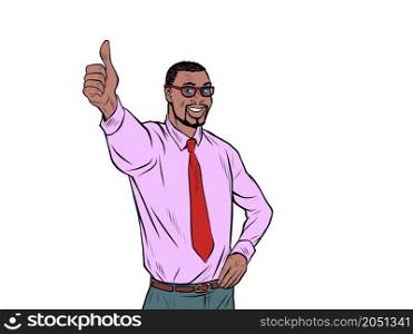 Like the thumbs up gesture, approval is good the businessman is happy. Pop Art Retro Vector Illustration Kitsch Vintage 50s 60s Style. Like the thumbs up gesture, approval is good the businessman is happy