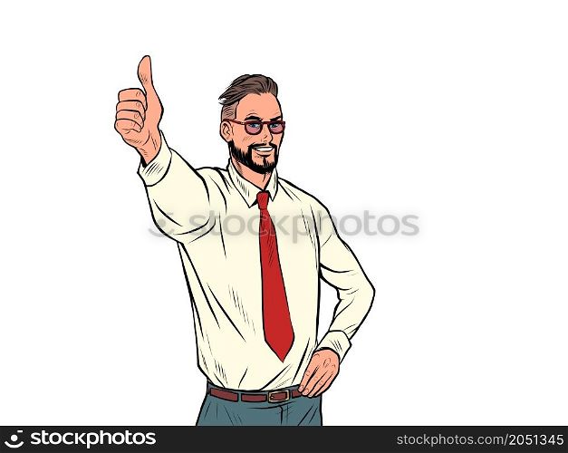 Like the thumbs up gesture, approval is good the businessman is happy. Pop Art Retro Vector Illustration Kitsch Vintage 50s 60s Style. Like the thumbs up gesture, approval is good the businessman is happy