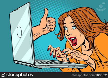 like thumb up, woman blogger working on computer. Comic cartoon pop art retro vector illustration drawing. like thumb up, woman blogger working on computer