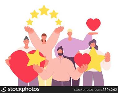Likes and reviews. Web emotional feedback, repost or share. High rating, happy people crowd holding hearts and stars. Positive emotional adults, vector concept. Illustration of feedback and review. Likes and reviews. Web emotional feedback, repost or share. High rating, happy people crowd holding hearts and stars. Positive emotional adults, vector concept