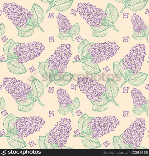 Lilac branches seamless pattern. Background with purple flowers hand engraved. Floral model for fabric, wallpaper, paper and design vector illustration