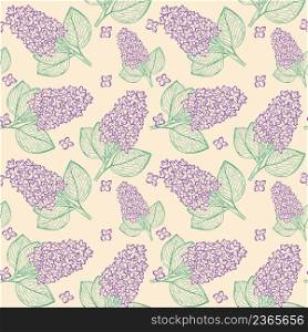 Lilac branches seamless pattern. Background with purple flowers hand engraved. Floral model for fabric, wallpaper, paper and design vector illustration