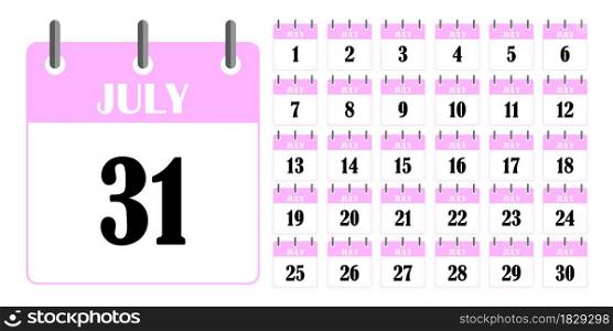 Lilac calendar page july icon. Summer season. Planning concept. Organize time. Vector illustration. Stock image. EPS 10.. Lilac calendar page july icon. Summer season. Planning concept. Organize time. Vector illustration. Stock image.